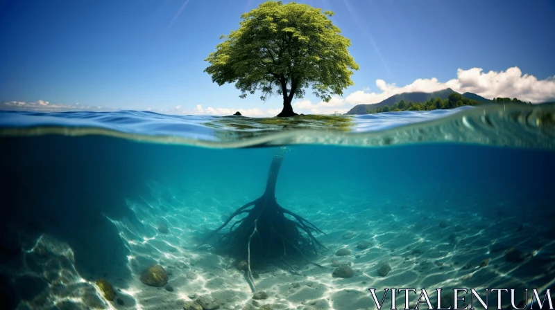 Underwater Tree in the Open Ocean: A Stark Depiction of Life Force AI Image