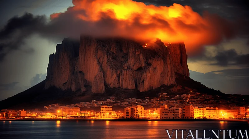 Chiaroscuro Masterpiece: Smoky Orange Mountain over Town AI Image