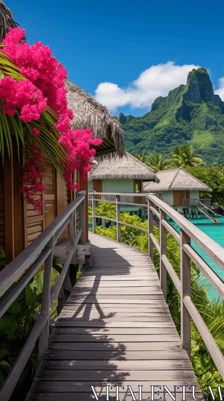 Emerald Paradise: Bora Bora Resort Amidst Flowering Shrubs AI Image