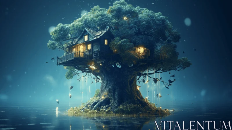 Treehouse on Water: A Blend of Realism and Fantasy AI Image