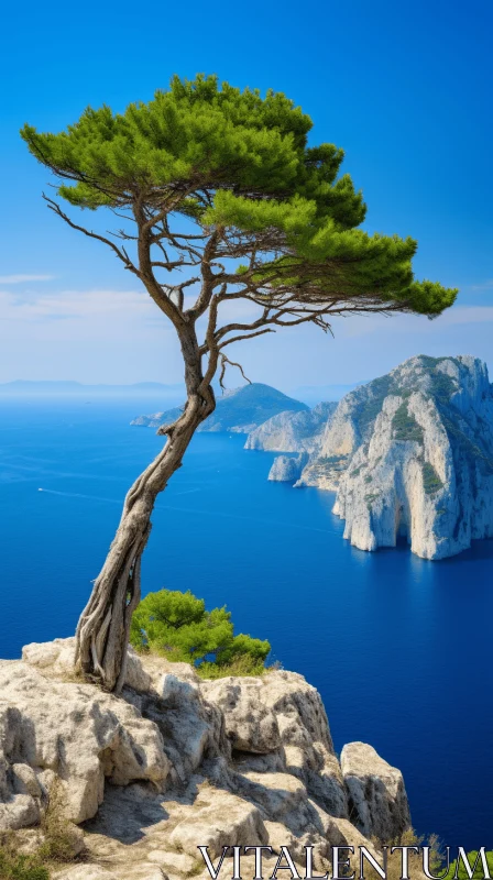 Mediterranean Inspired Cliffside Vista with Lone Pine Tree AI Image
