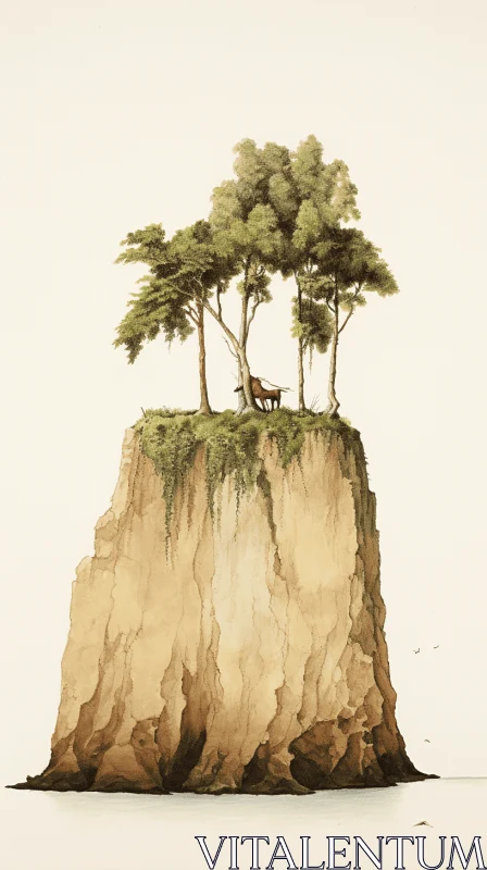 Isolated Tree on a Small Rocky Island: A Naturalistic Illustration AI Image