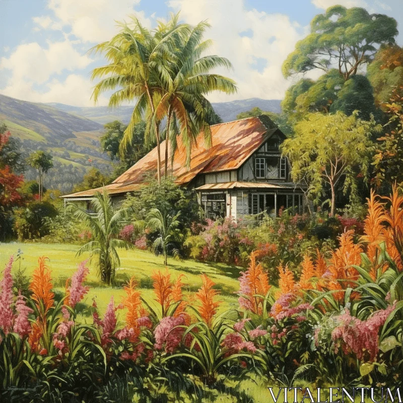 Tropical Landscape Painting: Detailed Realism of a House Amidst Vibrant Foliage AI Image