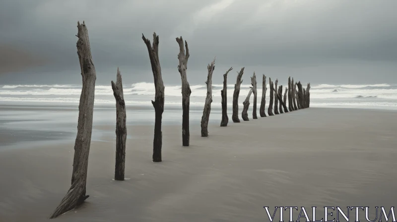 Post-Apocalyptic Beach Scene with Elongated Tree Forms AI Image