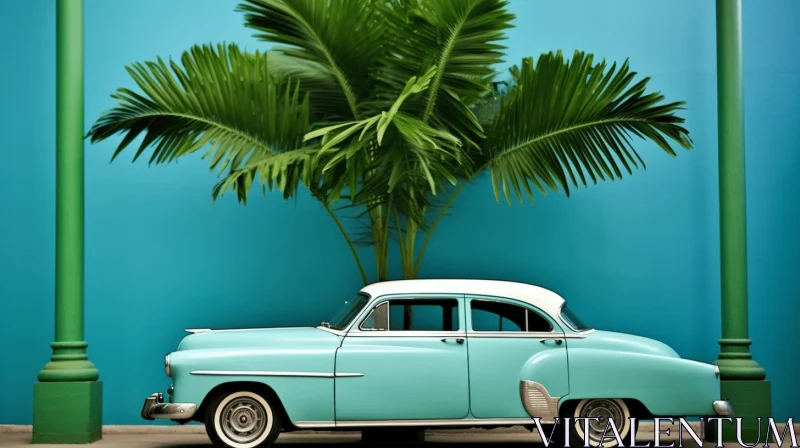 AI ART Vintage Car and Palm Tree: A Retro Glamor Art Photography
