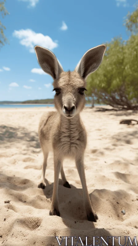 Photorealistic Portrait of a Small Kangaroo on a Beach AI Image