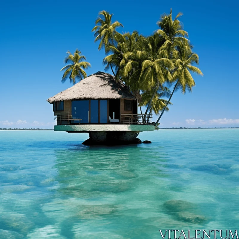 Floating Palm Tree House in Aquamarine Ocean - A Moment of Timeless Elegance AI Image