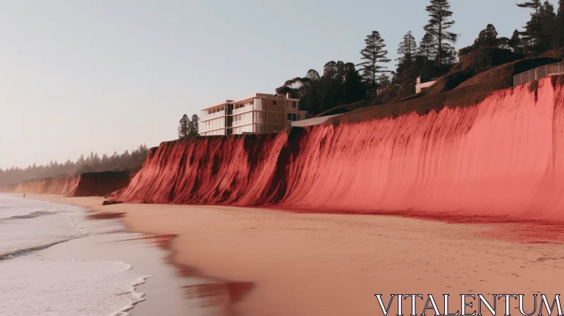 Glitch Aesthetic Meets Nature: A Transformed Red Cliff by the Ocean AI Image