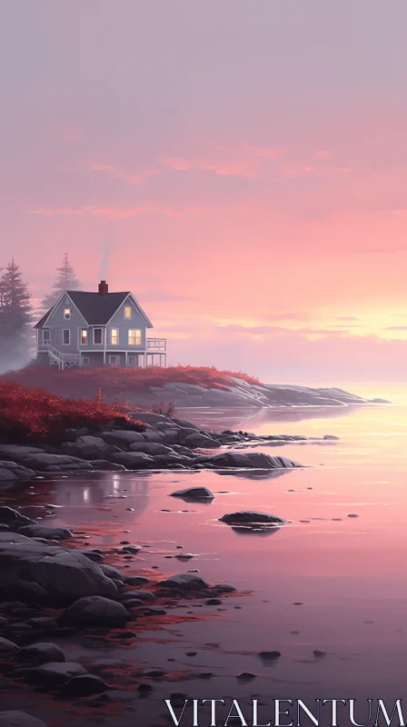 Romantic Coastal Scenery: Lakeshore House at Sunset AI Image