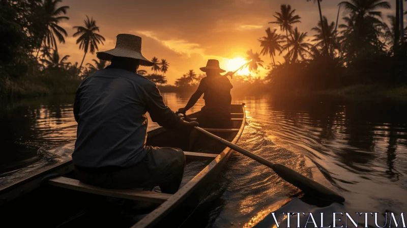 Exotic Backlit Photography - Two Men Rowing in Tropical Landscapes AI Image