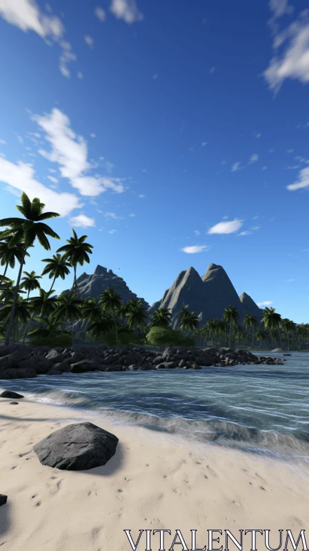 Exotic Beach Scene with Mountainous Vistas AI Image