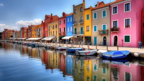 Boat in Canal with Vibrant Polka Dot Houses - Italian Landscape