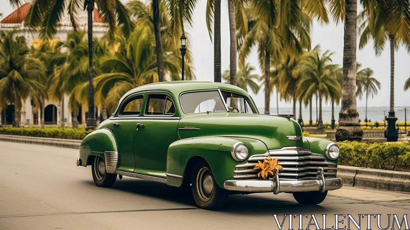 Green Vintage Car in Palm Scenery - A Romantic Historical Journey AI Image