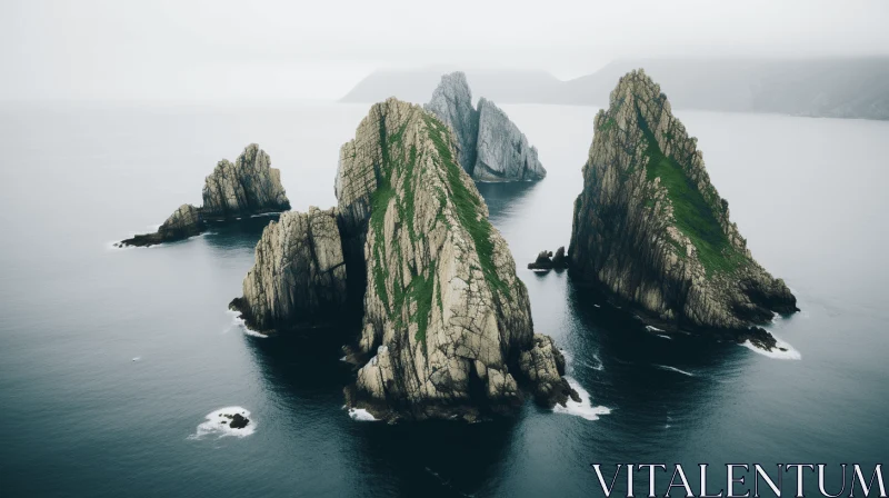 Aerial View of Mysterious Ocean Rocks Amidst Foggy Mountainous Vistas AI Image
