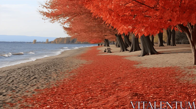 Surrealistic Beach Scene with Red Trees - A Photorealistic Artwork AI Image