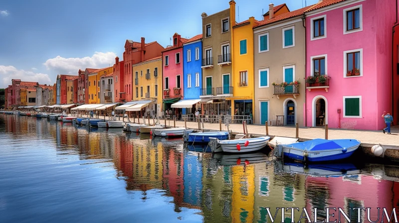 Boat in Canal with Vibrant Polka Dot Houses - Italian Landscape AI Image