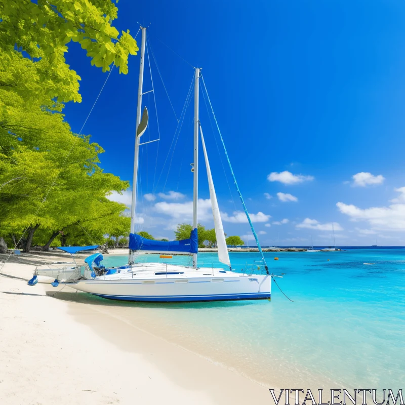 White Sailboat on a Gorgeous Beach - Afro-Caribbean Influence AI Image