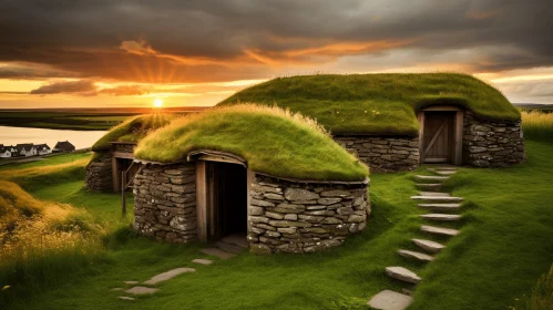 Icelandic Sunrise - Ancient Stone Huts amidst Nature