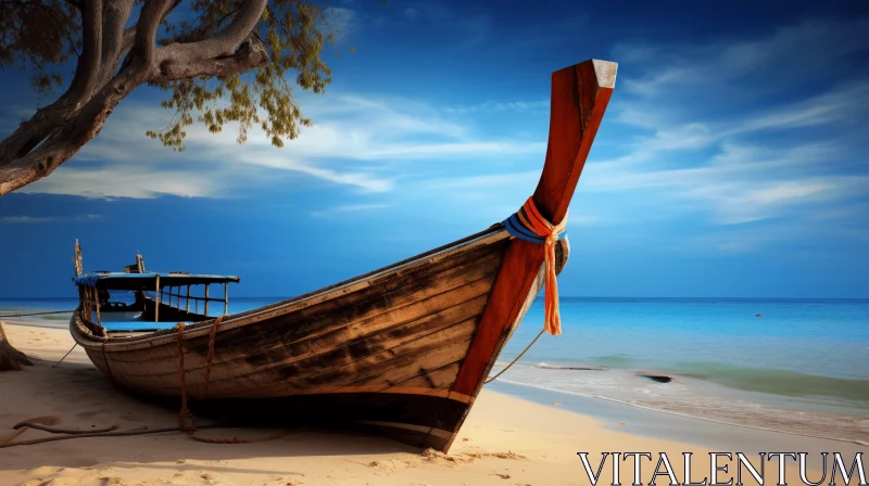 Exotic Beach Scene with Traditional Brown Boat AI Image