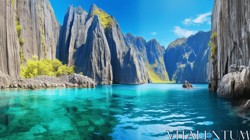 Exotic Azure Landscape: Limestone Mountains by a Lake AI Image