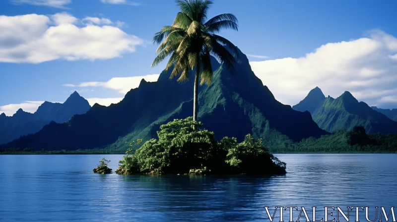 Exotic Island with Palm Tree and Mountain Background AI Image