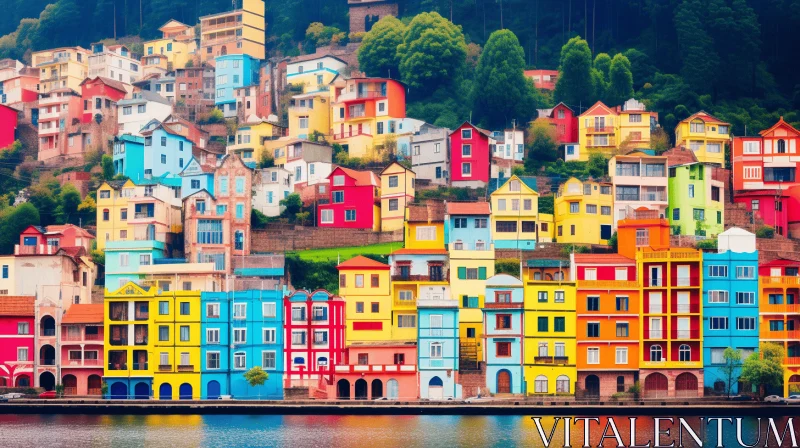 Colorful Terraced Cityscape Beside Calm Waters AI Image