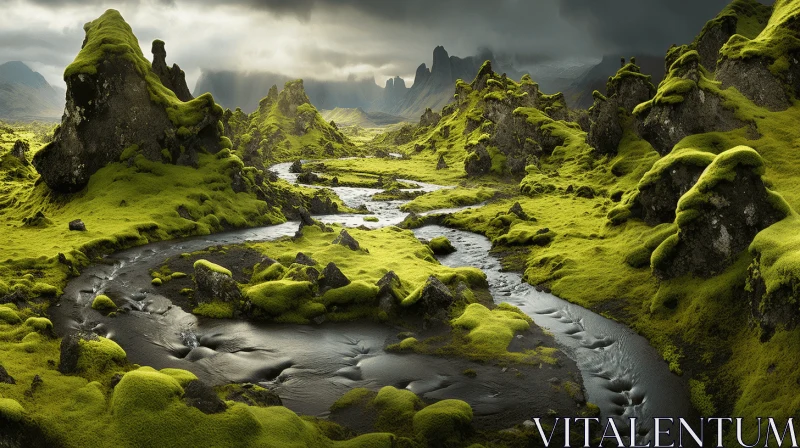 Ethereal Landscape Painting with Flowing River AI Image