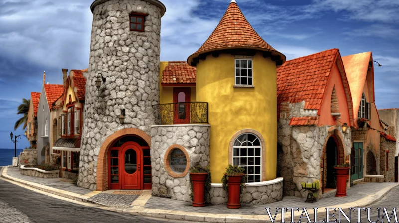 Whimsical Stone Structure with a Red Door: A Blend of Fantasy and Reality AI Image
