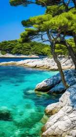 Rocky Island Landscape with Clear Water and Pine Trees