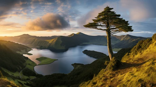 Solitary Tree by Lake in Mountainous Landscape