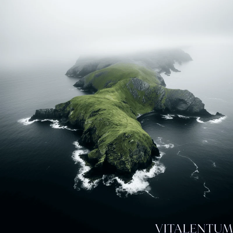 Serene Island Landscape Surrounded by Ocean and Fog AI Image