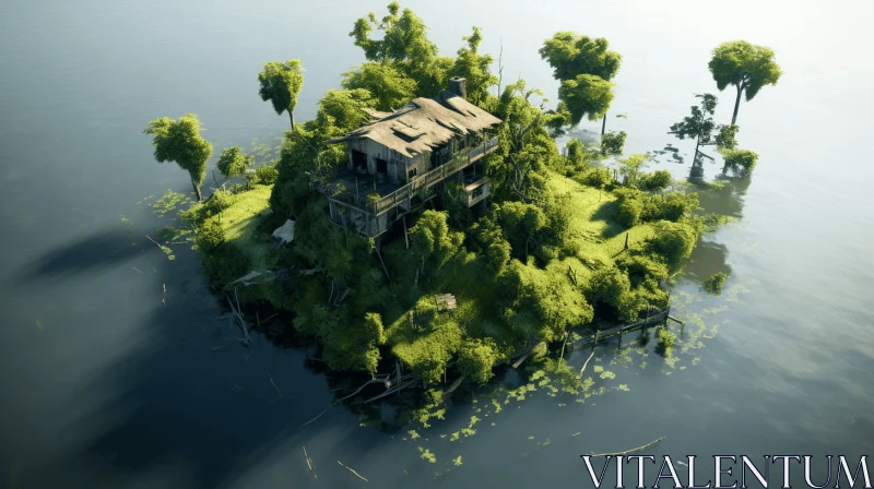 Abandoned House on Tranquil Lake Island: A Fusion of Nature and Modern Aesthetics AI Image