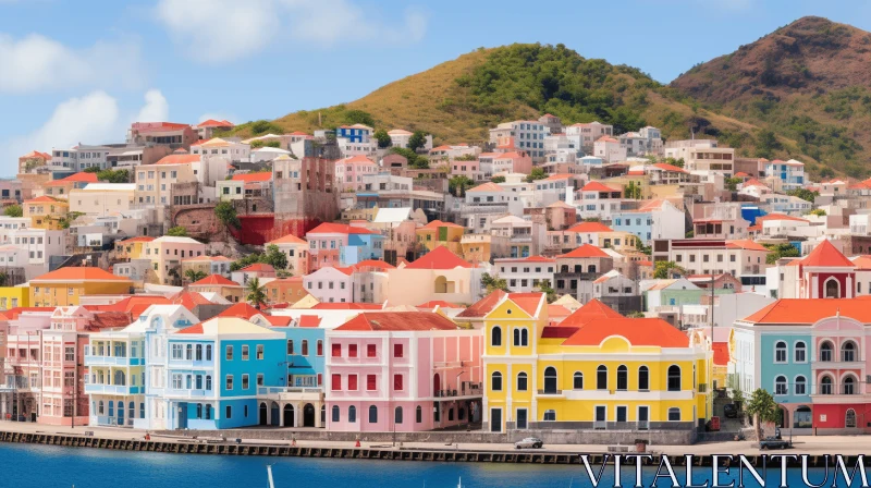Exotic Town with Colorful Buildings Overlooking the Sea AI Image