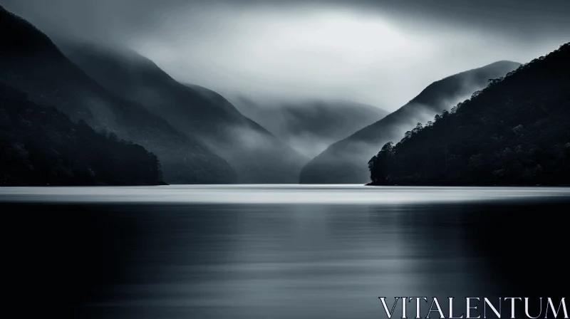 Monochromatic Nature Scene: Foggy Lake and Mountains AI Image