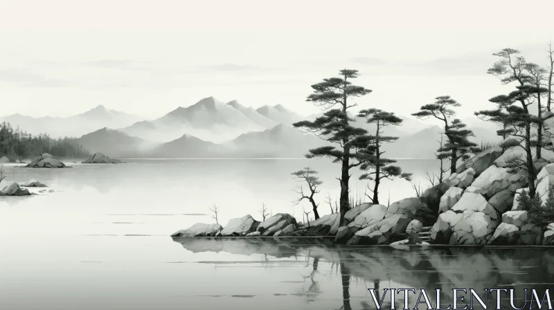 Black and White Watercolor Painting of Chinese Landscape AI Image