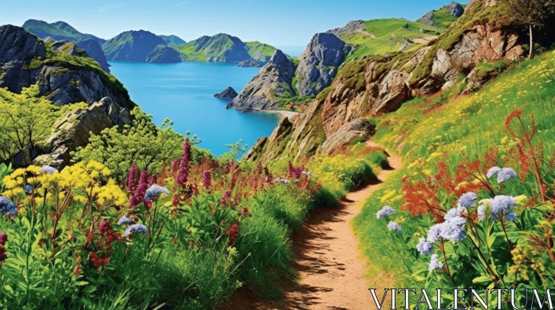 Floral Path to Sea: A Mesmerizing Blend of Mountainous Vistas and Light-filled Seascapes AI Image