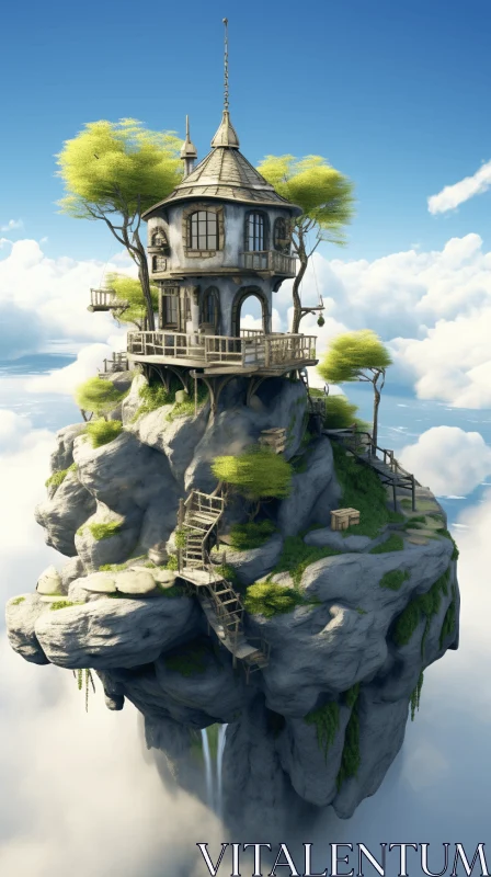 AI ART Fantasy Sky Island House - Surreal 3D Rendered Artwork