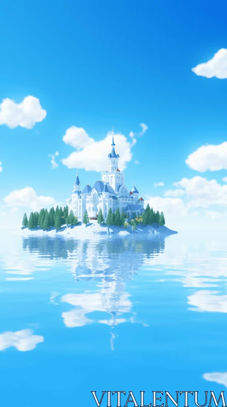 Dreamlike White Castle Floating on Lake in Anime Style AI Image