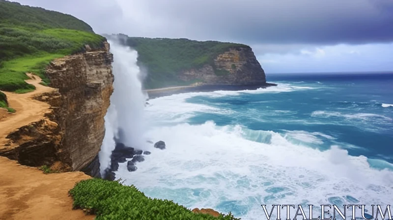 Majestic Waterfall and Stormy Sea - Australian Landscapes AI Image