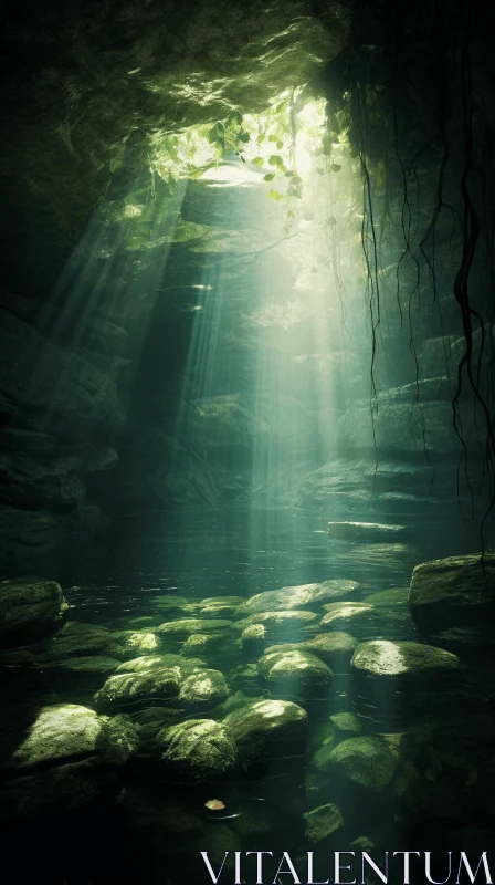 Enchanted Light Dance in Rocky River Depths - Mysterious Jungle Theme AI Image