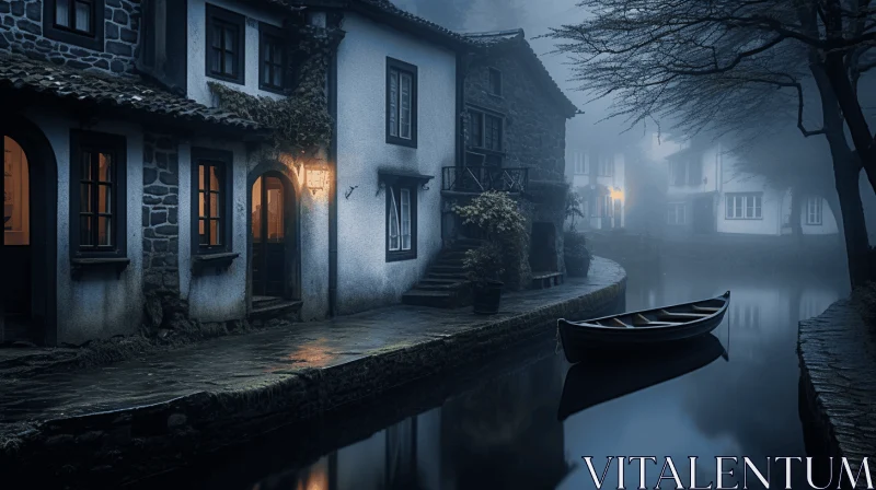 Charming Rural Scene: Bright Row Boat on a Misty Night AI Image