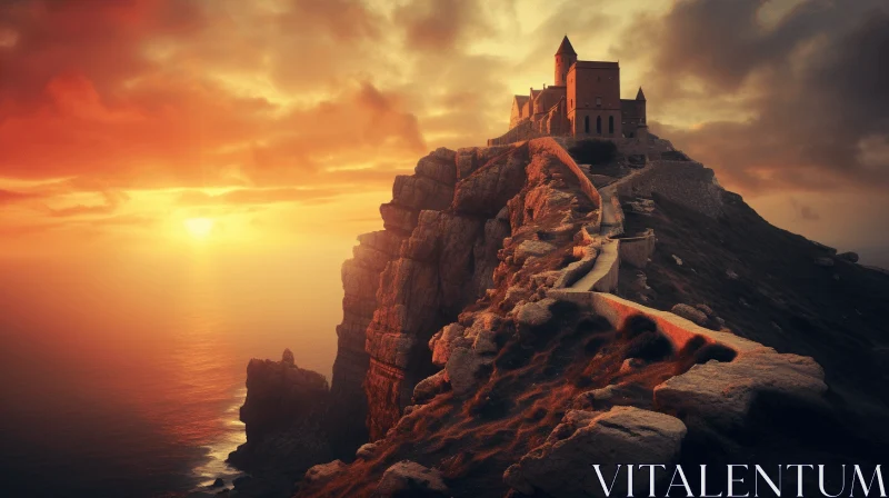 Fantasy Castle Cliffside at Sunset - Photorealistic Romanesque Style AI Image