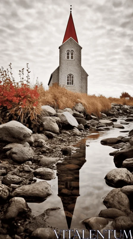 Romantic Rural Church Reflection in Creek AI Image