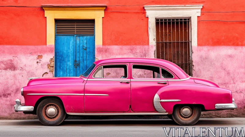 Vintage Pink Car against a Colorful Building AI Image