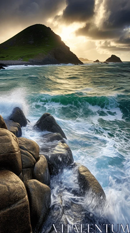 Luminous Seascape: Golden-Lit Rocks on the Coast AI Image