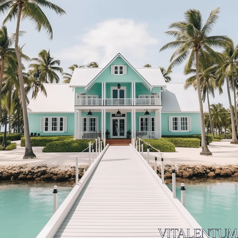 Luxurious Turquoise Waterfront House Amidst Palms AI Image