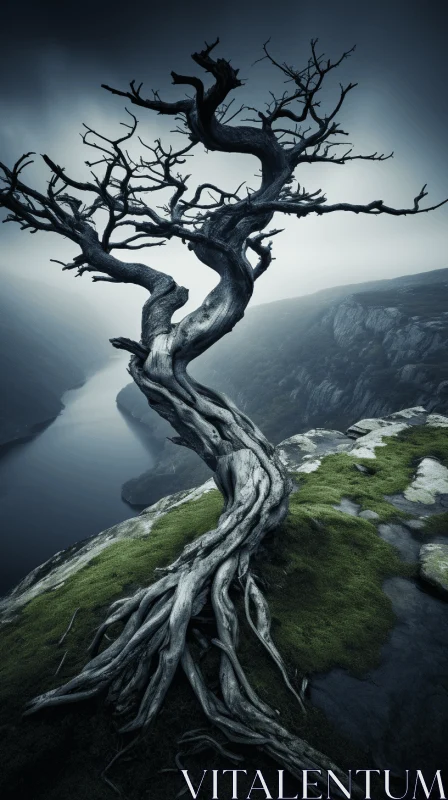 Gravity-Defying Landscape: An Old Tree by a Dead Lake AI Image
