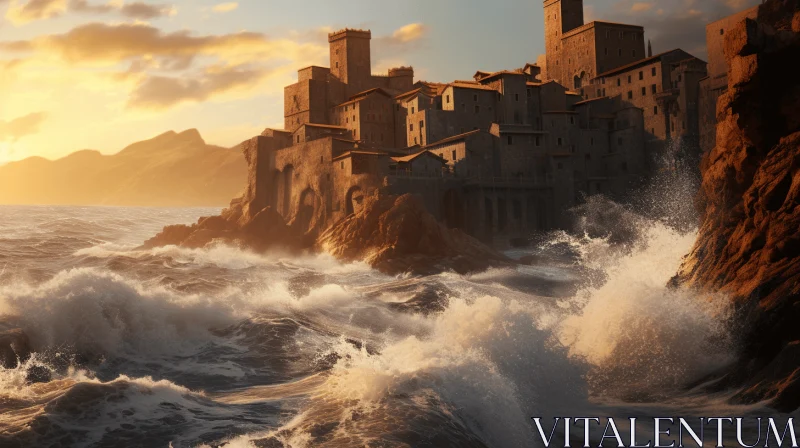 Medieval Castle Amidst Waves: A Glimpse into the Past AI Image