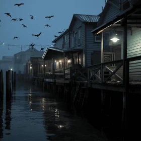 Foggy Urban Water Scene with Dark, Avian-Themed Elements