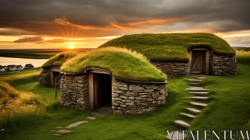Icelandic Sunrise - Ancient Stone Huts amidst Nature AI Image